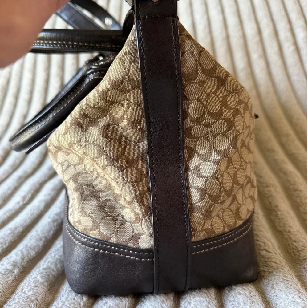 Coach Legacy Signature Stripe Satchel Khaki Mahogany Canvas Leather Handbag
